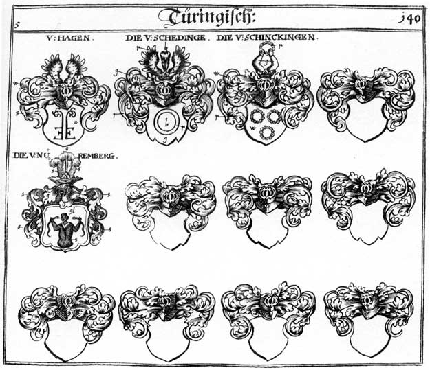 Coats of arms of Hagen, Haggen, Hagn, Nirmberger, Nöremberg, Nurnberger, Schedinge, Schinckingen