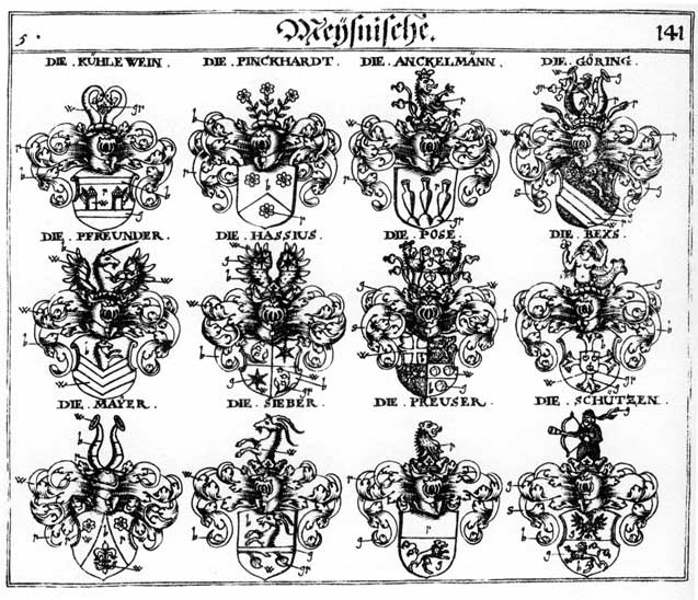 Coats of arms of Anckelmänner, Bexs, Bosen, Goering, Göring, Hafsius, Kühlewein, Mair, Majer, Mayer, Mayr, Mejer, Pfreunder, Pinchardt, Pinckhardt, Pose, Posen, Preuser, Preyser, Rexs, Schützen, Siber, Sieber