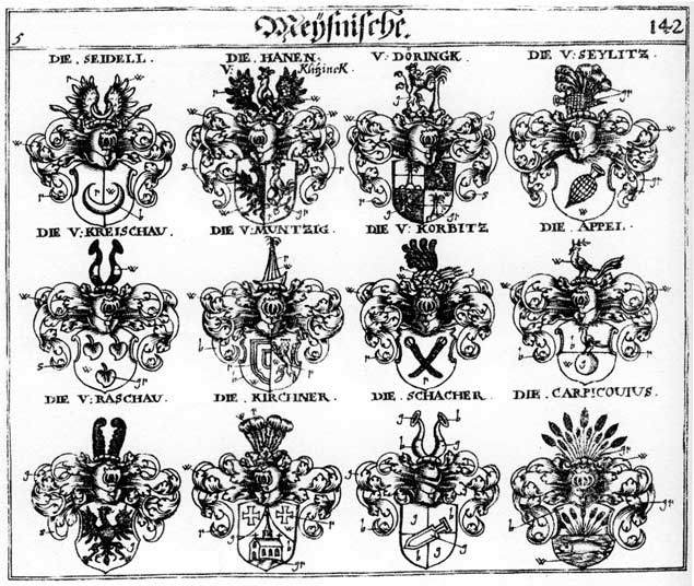 Coats of arms of Appel, Carpicovlus, Döringk, Haanen, Hahnen, Hane, Hanen, Hannen, Kirchner, Korbitz, Kreischau, Münsingen, Muntzig, Muntzigen, Schacher, Seidell, Seydel, Seylitz