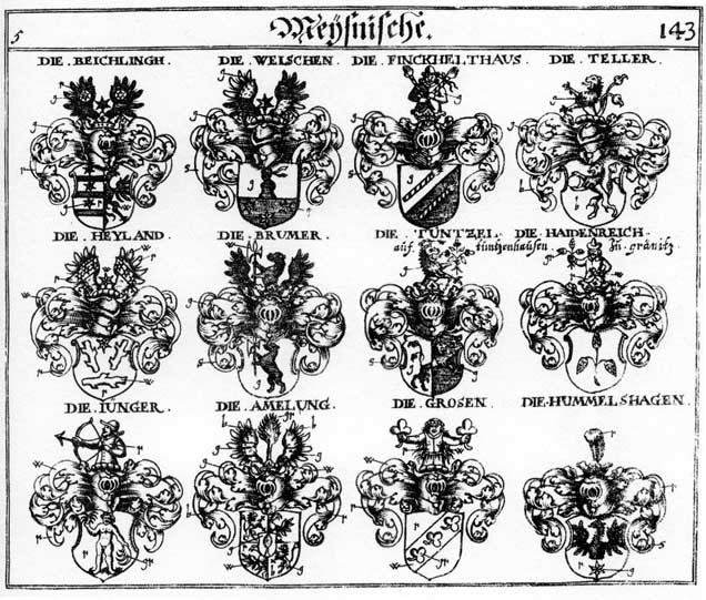 Coats of arms of Amelung, Beichling, Beuchlng, Brumer, Deller, Finckelthaus, Grosen, Grossen, Haidenreich, Heidenreich, Heydenreich, Heyland, Hummelshagen, Teller, Tuntzel, Welschen