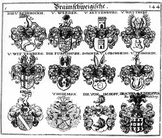 Coats of arms of Bayrn, Donner, Fürschützen, Hedeman, Imhoff, Kettenburg, Kroll, Payrn, Reheböck, Repeck, Rhebock, Schwartzkoppen, Wattberg, Werder, Werter, Wittenberg, Wittenbergh