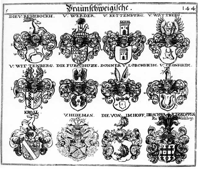 Coats of arms of Bayrn, Donner, Fürschützen, Hedeman, Imhoff, Kettenburg, Kroll, Payrn, Reheböck, Repeck, Rhebock, Schwartzkoppen, Wattberg, Werder, Werter, Wittenberg, Wittenbergh