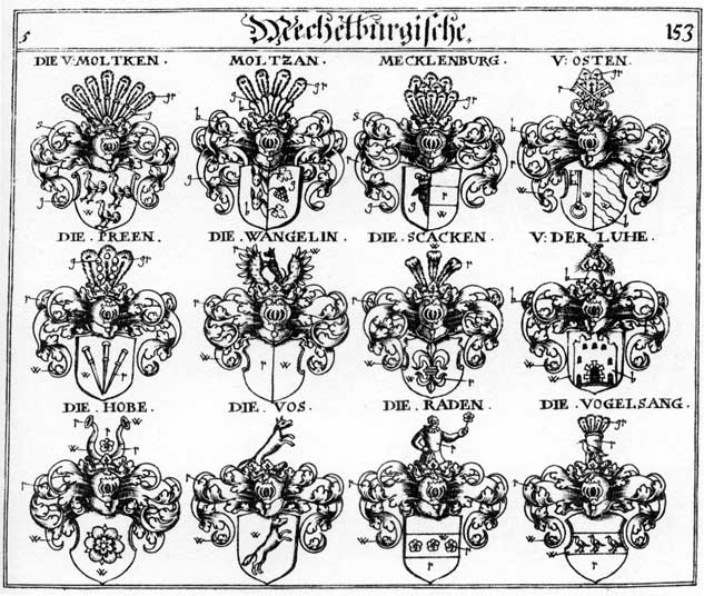 Coats of arms of Hobe, Mechelburg, Meckhelburg, Mecklenburg, Moltken, Moltzan, Osten, Preen, Rade, Raden, Scacken, V der Luche, Vos, Vossen, Wangelin