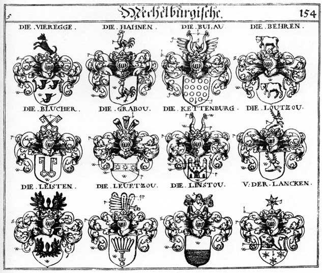 Coats of arms of Beer, Behr, Behrn, Bern, Blucher, Bulaw, Bulow, Grabau, Grabou, Haanen, Hahnen, Hane, Hanen, Hann, Hannen, Kettenburg, Lancken, Leiften, Levstzou, Linstou, Loutzou, Pern, Vieregg, Viereggen