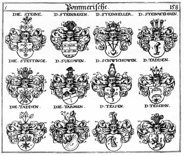 Coats of arms of Dessin, Stain, Stein, Steinbecken, Steine, Steinkeller, Steinwehren, Stettinge, Sukowen, Tadden, Tarmen, Tess, Tessen, Tessihn