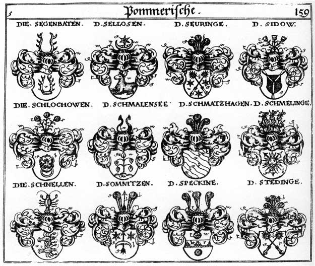 Coats of arms of Schlockowen, Schmalensdge, Schmatzhagen, Schmelinge, Schnellen, Segenbaten, Sellosen, Seuringe, Sidow, Somnitzen, Speckine, Stedinge