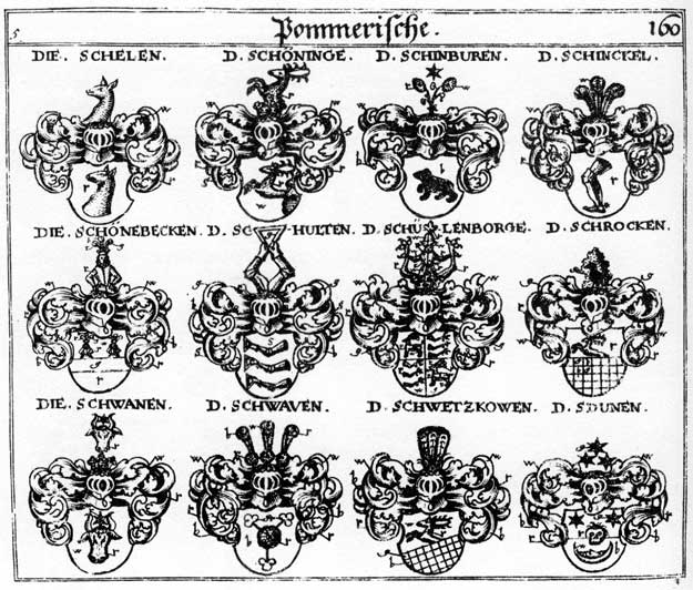 Coats of arms of Feurer, Schelen, Schinburen, Schinkel, Schönbeck, Schönbecken, Schönebecken, Schönenbeke, Schöninge, Schrocken, Schülenborge, Schulten, Schwetzkowen, Sdunen