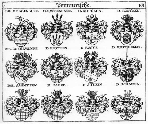 Coats of arms of Rehepöck, Rheböck, Rodermunde, Roepecken, Roggenbucke, Roggenpane, Röpecken, Rostken, Rotermunde, Rust, Ruste, Rustken, Rustocken, Saentzen, Sager, Schacken, Stucken