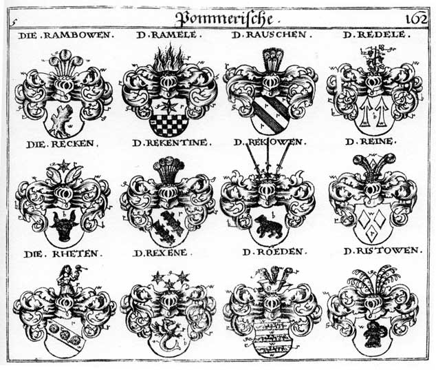 Coats of arms of Hürblach, Oehausen, Rambowen, Ramele, Rauschen, Reck, Recken, Redele, Reden, Reine, Rekentine, Rekowen, Rexene, Rhein, Ristowen, Roeden