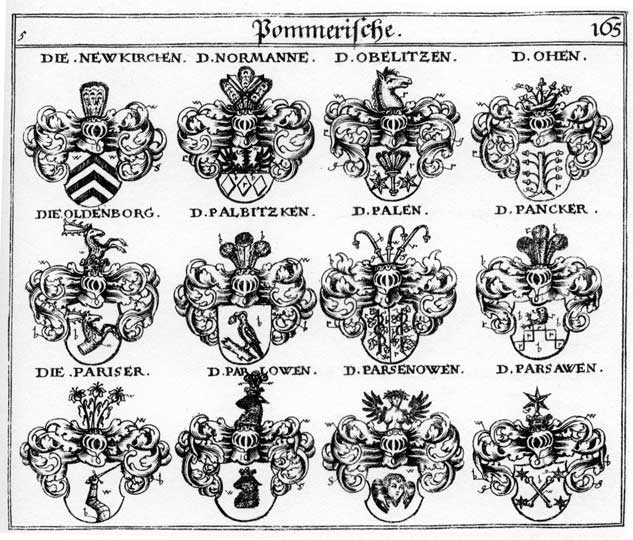 Coats of arms of Neukirchen, Newkirch, Newkirchen, Normanne, Obelitzen, Ohen, Oldenborg, Palbizken, Palen, Pancker, Pariser, Parlowen, Parsawen, Parsenowen, Parsow