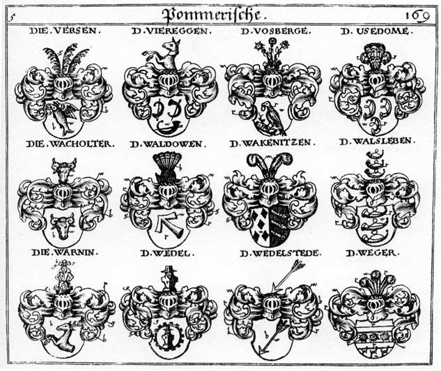 Coats of arms of Fers, Usedome, Verfen, Vieregg, Viereggen, Vosberge, Wakenitzen, Waldowen, Walsleben, Warnin, Wedel, Wedelstede, Wedlen, Weger