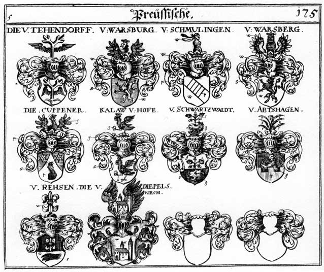 Coats of arms of Abtshagen, Cuppener, Diepelskirch, Kalaw, Nortenberg, Rehsen, Schmulingen, Schwartzwaldt, Tehendorff, Warsburg