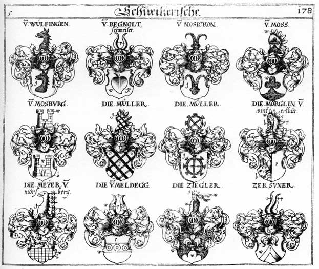 Coats of arms of Knippenborch, Majer, Mejer, Meldegg, Meyer, Moerglin, Mörglin, Mosburg, Mospurg, Nosickon, Regnoldtschweiler, Wulffingen, Zegler, Zersuner, Zigler