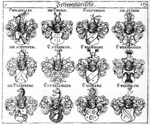 Coats of arms of Hattingen, Nidberg, Ottelfingen, Rossberg, Schupfer, Sternegk, Stussin, Walisellen, Wenge, Wengen, Wisenang, Wisendangen, Wissenang, Wisskilk