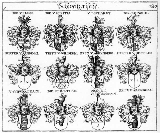 Coats of arms of Betzlen, Bochard, Hans, Herter, Petzen, Pezzen, Rainold, Reinold, Schulthais, Schulthaisen, Schwartzach, Steffrs, Tritt