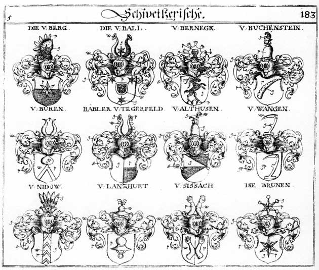 Coats of arms of Althusen, Bäbler, Baebler, Ball, Berg, Bergen, Bergh, Bernegk, Brunen, Buchenstein, Buren, Landsbueter, Landshuet, Nidow, Pernegg, Puchestein, Sissach, Wangen