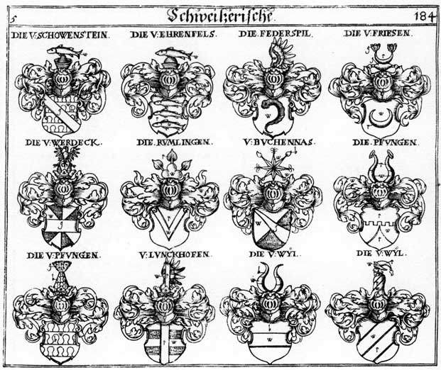 Coats of arms of Buchennas, Ebrnfels, Ehrenfels, Erenfelser, Federspil, Lünckhofen, Pfungen, Rumlinge, Rumlingen, Schowenstein, Vederspil, Werdeck, Wyl