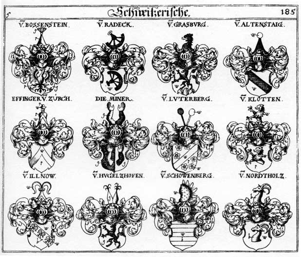 Coats of arms of Altenstaig, Bossenstein, Effinger, Grasburg, Hugeltzhofen, Ilnow, Luterberg, Miner, Myner, Nordtholz, Schowenberg