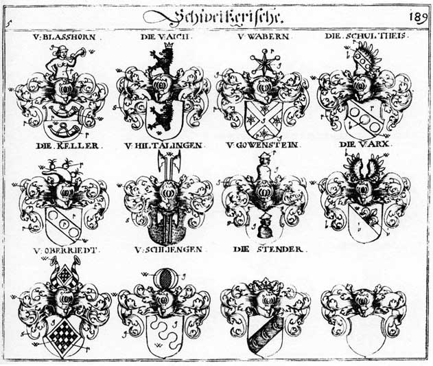 Coats of arms of Aich, Arx, Blasshorn, Goewenftein, Göwenstein, Hiltalingen, Keller, Oberriedt, Schliengen, Schmalensee, Schultheis, Stender