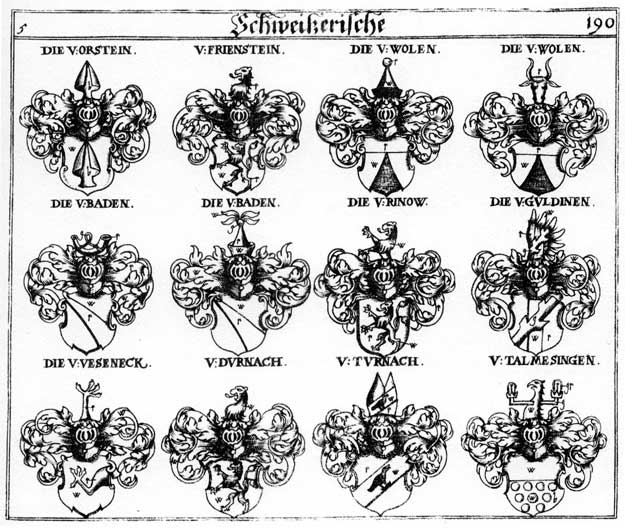 Coats of arms of Baden, Dalmesingen, Durnach, Guldinen, Orstein, Rhinaw, Rinow, Talmelingen, Turnach, Veseneck, Wolen
