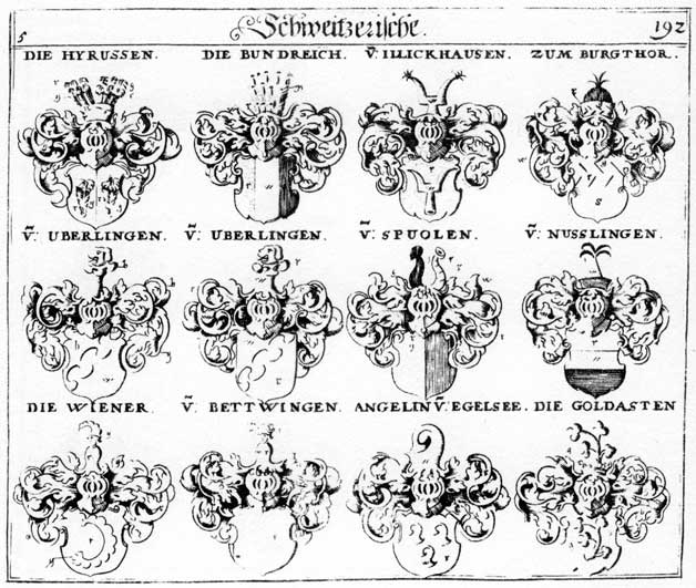 Coats of arms of Angelin, Bettwingen, Bundreich, Goldasten, Hyrussen, Illickhausen, Nusslingen, Spuolen, Uberlingen, Wiener, Wienner, Zum Burgthor