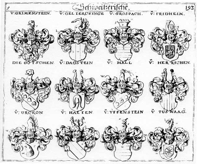 Coats of arms of Dagstein, Fridheim, Friedheim, Gelterkingen, Gotschen, Grimenstein, Grospach, Halden, Hall, Halt, Halten, Herrschen, Tusnaug, Urckon, Yffenstein