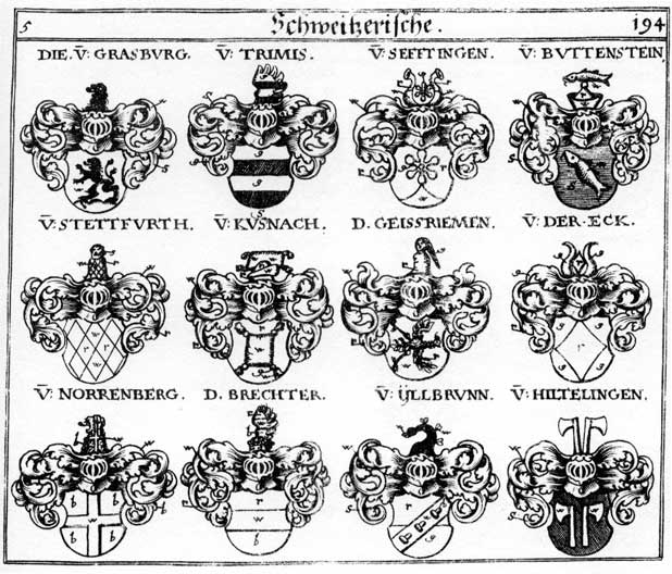 Coats of arms of Buttenstein, Eck, Ecken, Eckh, Egg, Geisriemen, Grasburg, Hiltelingen, Kusnach, Norrenberg, Stettfurth, Trimis, Yllbrun