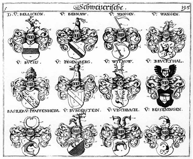 Coats of arms of Basiler, Bellikon, Bernaw, Besseningen, Bruckthal, Buchs, Burgerstein, Pernauer, Sefftingen, Vischbach, Wangen