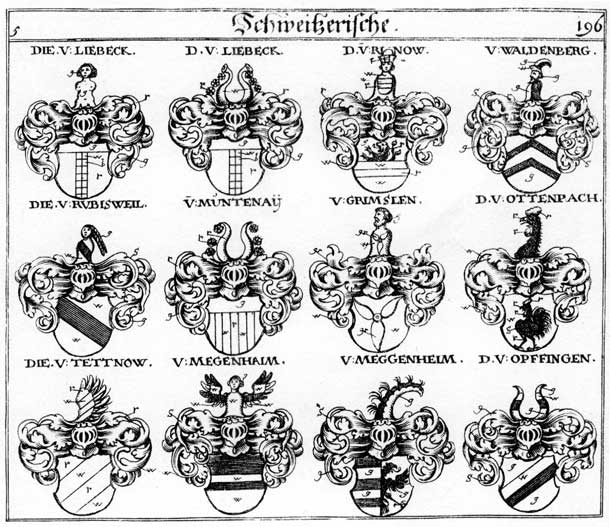 Coats of arms of Brechter, Grimslen, Liebek, Lübeck, Megenheim, Meggenheim, Opffingen, Ottenbach, Prechter, Rhinaw, Rinow, Rubisweil, Waldenberg