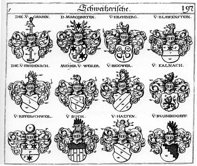 Coats of arms of Blawenstein, Bubendorff, Buch, Buobendorff, Buoch, Frodenach, Graben, Halden, Halt, Halten, Ingweil, Kalnach, Kilchberg, Majer, Marquart, Marquarten, Mejer, Meyer, Puch, Rifferschweil