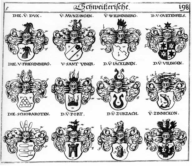 Coats of arms of Dux, Friesenberg, Guetenfels, Jacklingen, Münsingen, Muntzig, Muntzigen, Sant Viner, Schoraroten, V der Port, Vilingen, Villingen, Wildenberg, Zinnicken, Zurzach