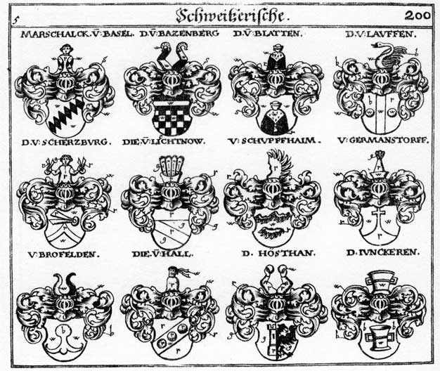 Coats of arms of Bazenberg, Blatten, Brofelden, Germanstorff, Hall, Hosthan, Junckeren, Lauffe, Lauffen, Platen, Platten, Schertzburg, Schupfheim