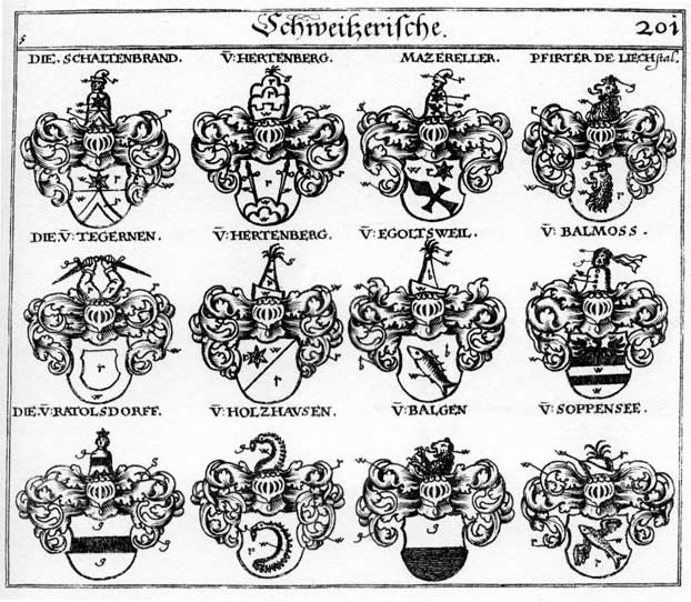 Coats of arms of Balgen, Balmos, Egoltsweil, Hertenberg, Holtzhausen, Hörtenberg, Mazereller, Pfirter, Ratelsdorff, Schaltenbrand, Soppenfee, Tegernen