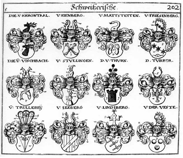 Coats of arms of Friesenberg, Khrontaal, Kienberg, Lindiberg, Stullingen, Thurn, Trüllerey, Turber, Vischbach, von der Veste