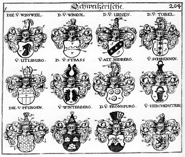Coats of arms of AltNidberg, Fronspurg, Herchenstein, Nidberg, Pfungen, Schrennen, Strass, Tobel, Ultiburg, Urnen, Utliburg, Winderberger, Wineck, Winterberg, Winterberger, Wissweil