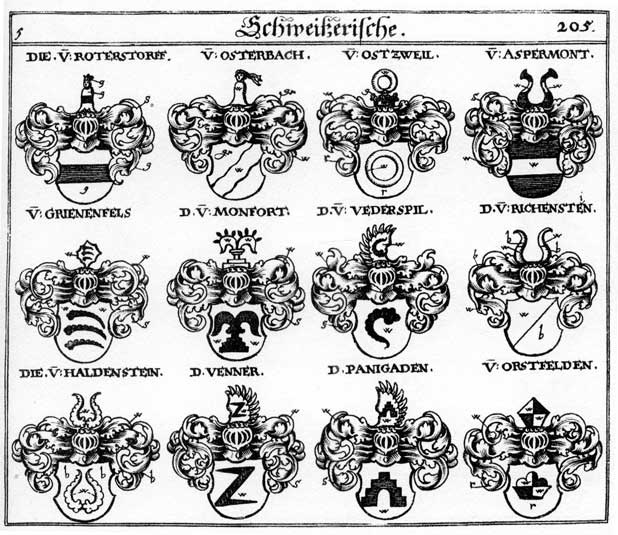 Coats of arms of Aspermont, Federspil, Grienenfels, Grünenfels, Haldenstein, Monfort, Orstfelden, Osterbach, Ostzweil, Panigaden, Richenstein, Rotersdorff, Rottersdorff, Vederspil, Venner