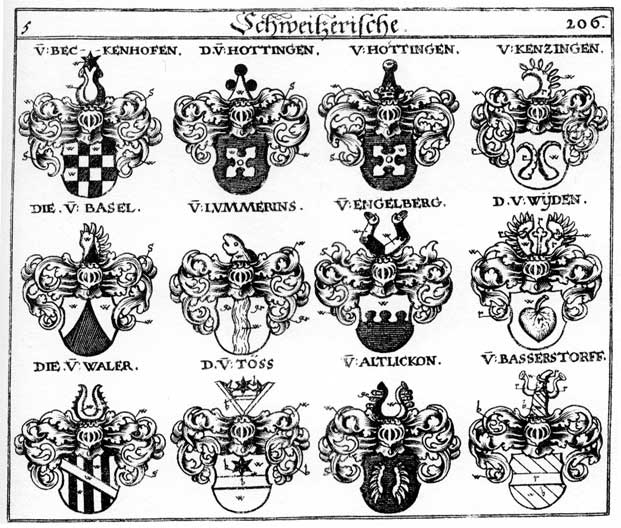 Coats of arms of Attlickon, Basel, Bassersdorff, Beckenhofen, Frickinger, Kentzingen, Lummerins, Söllner, Töss, Waler, Waller, Widen, Wyden