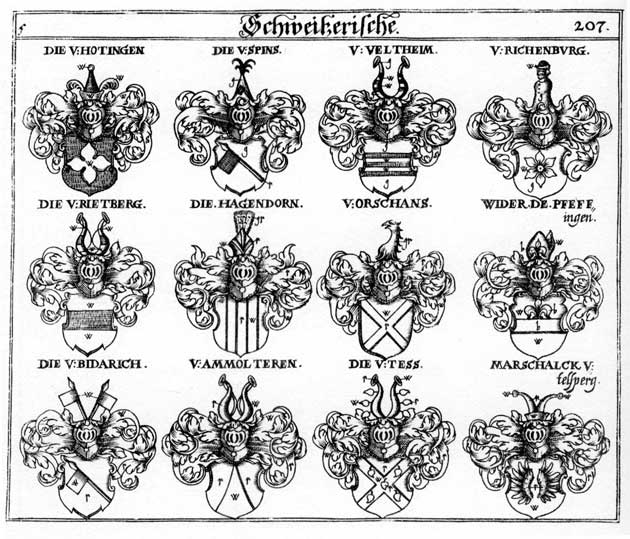 Coats of arms of Ammoltern, Bidarich, Hagendorn, Hagentorn, Orsehans, Richenburg, Rietberg, Spins, Tess, Tessen, Wider