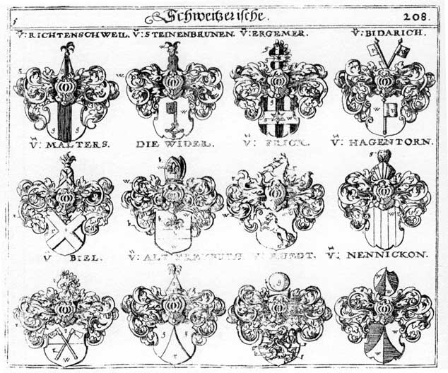 Coats of arms of Altfreyburg, Bidarich, Biel, Ergemer, Freyburg, Frick, Hagendorn, Hagentorn, Malters, Nennickon, Piel, Richtenschwell, Riedl, Riedt, Riet, Ruedt, Statnenbrann, Steinenbrunnen, Wider