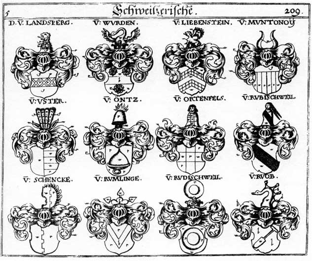 Coats of arms of Landesberg, Landsperg, Landsperger, Liebenstein, Muntonoy, Ontz, Ortenfels, Orttenfels, Rubischweil, Rudischweil, Rumlinge, Rumlingen, Ruob, Schenck, Schencke, Uster, Wurden