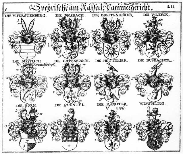 Coats of arms of Born, Busbacher, Fürstenberg, Fürstenberger, Gippenbuseh, Heitinger, Leyck, Meyfisch, Mosbach, Mosenbach, Quentel, Wimphling, Zandter