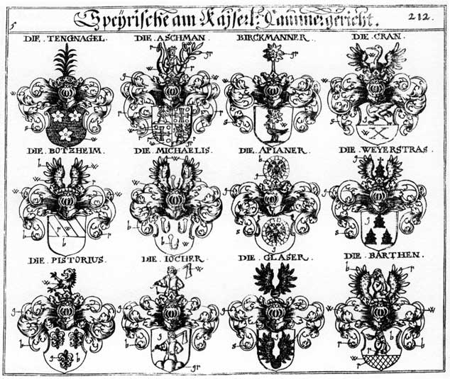 Coats of arms of Apianer, Aschman, Assmann, Barth, Barthen, Birckmänner, Botzheim, Cran, Glafer, Jocher, Michaëlis, Parth, Pistorius, Prasberg, Tengnagel, Westerstratss