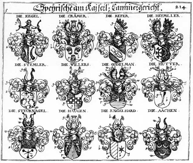 Coats of arms of Aachen, Crämer, Engelhardt, Godelmann, Haug, Haugen, Heymiller, Huetter, Hutter, Kefer, Kegel, Krämer, Stemler, Steurnagel, Willers