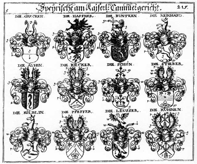 Coats of arms of Ayhin, Buntzen, Greck, Grecken, Khun, Kölblin, Kuhnen, Leiser, Leusfer, Pfeffer, Reinhard, Riecker, Rücker, Schön, Stibar, Stieber, V der Linde