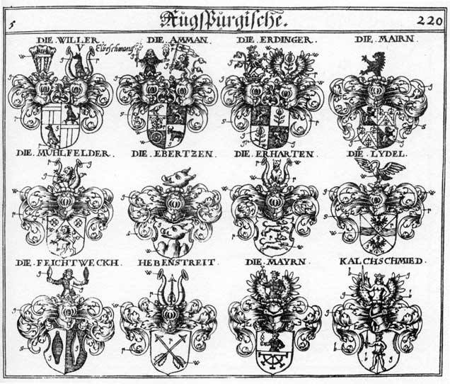 Coats of arms of Aman, Amman, Ammon, Ebertz, Ebertzen, Erdinger, Erharden, Feichtweckh, Hebenstreit, Kalchschmied, Lidl, Lydel, Lydl, Mair, Mairn, Majer, Mayer, Mayr, Meier, Schwöller, Willer