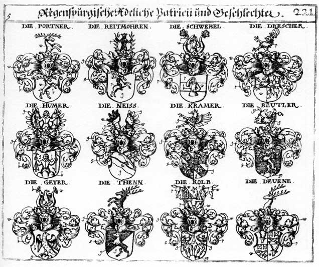 Coats of arms of Beutler, Cramer, Drescher, Geyer, Humer, Kolben, Kramer, Neiss, Neyssen, Portner, Reitmohren, Schwebel, Thenn