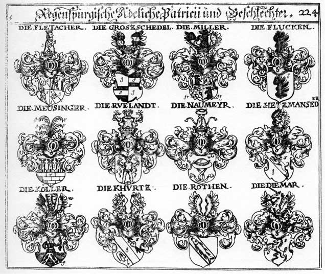 Coats of arms of Diemar, Fletacher, Flucken, Groszhedel, Hertzmanseder, Koeller, Köler, Köller, Meusinger, Naumeyr, Roden, Rodt, Roten, Roth, Rothen, Ruelanden, Ruhlandt, Rulandt