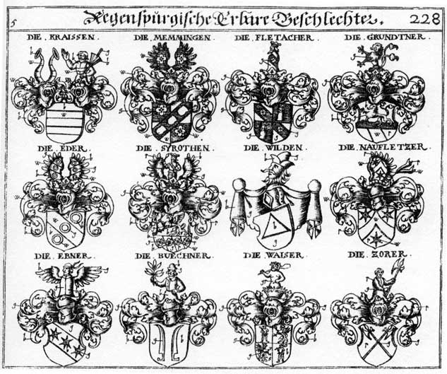 Coats of arms of Ebner, Eder, Fletacher, Grundtner, Kraissee, Kreisen, Memmingen, Nausletzer, Syrothen, Waifer, Wilden, Wildt, Zorer