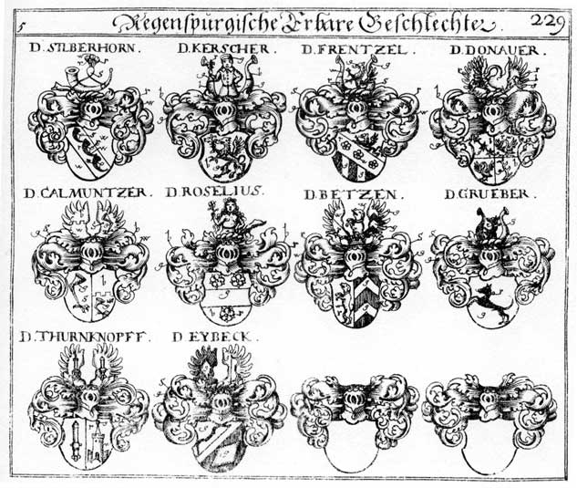 Coats of arms of Bestenbostel, Betzlen, Calimüntzer, Donauer, Esiche, Eybeck, Frentzel, Gruber, Grueber, Kerscher, Petzen, Pezzen, Roeselius, Röselius, Silberhorn, Thurnknopf