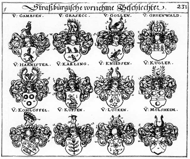 Coats of arms of Gambsen, Goll, Gollen, Grasecc, Grüenenwald, Grüenwald, Harnister, Kaerling, Kaerlinger, Kärlinger, Kipsen, Kniensen, Kohlöffel, Koleffel, Kügler, Küpsen, Lücke, Lücken, Molsheim